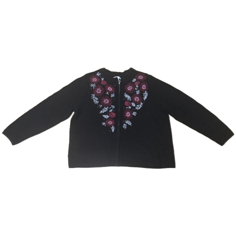Croft & Barrow Womens Petite Medium Black Floral Embroidered Zip‎ Up Cardigan